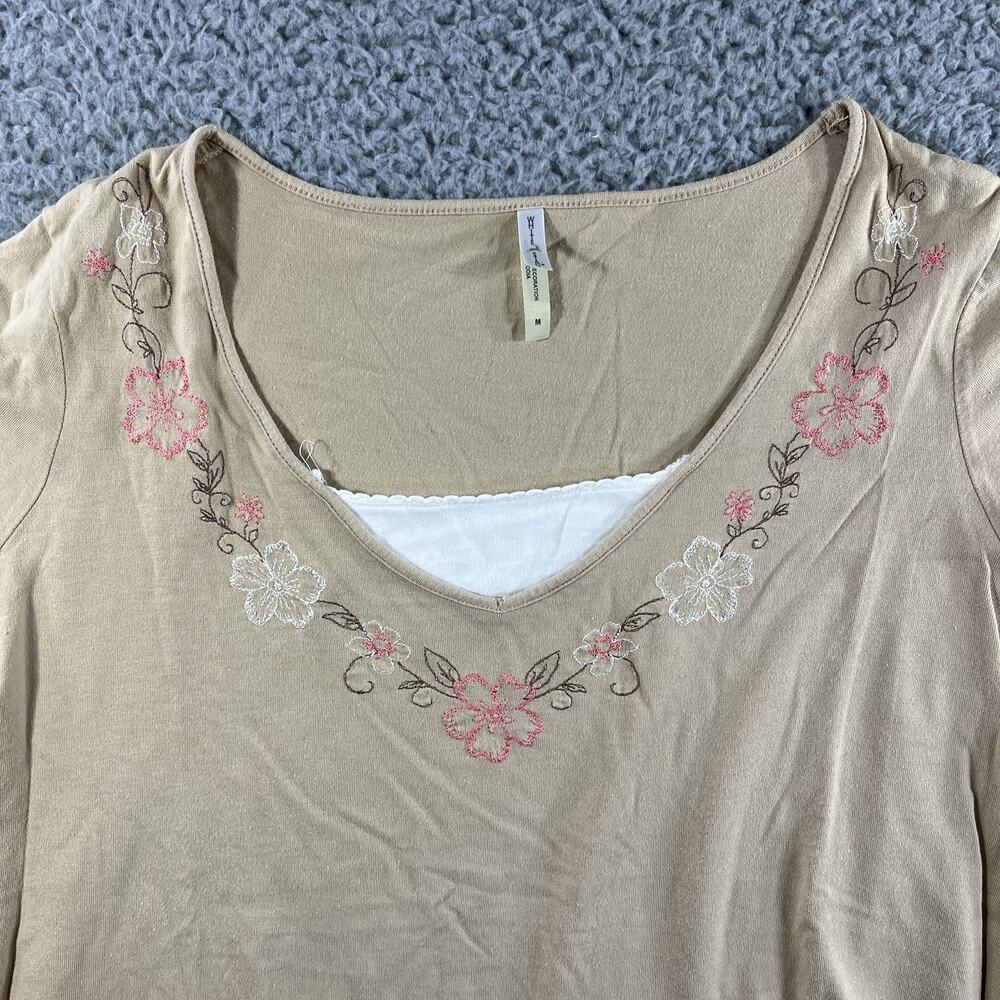 WHITE STAG TOP WOMENS MEDIUM BEIGE FLORAL V NECK 3/4 SLEEVE Y2K COTTON SHIRT - Picture 2 of 8